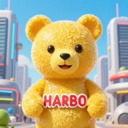 portrait of haribo bear in future city, color and s