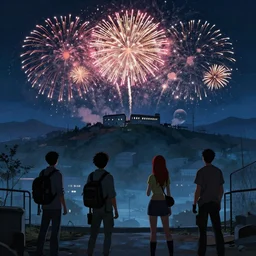four people watching fireworks go off in the night sky behind a prison on a hill, wide angle, hyperrealistic digital art, trending on art station, cinematic lighting, 4 k, concept art of the game borderlands, illustrated by akira toriyama