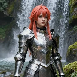 a masterpiece hyperrealistic ultradetailed fullbody photograph of a lifelike real human anime girl in full steel plate armor, surrounded by waterfalls and moss, gorgeous, vibrant hairs, rough skin pores texture, photoreal image, made by wlop, photoreal, overrendered, blender, unreal engine, extremely detailed, trending on artstation, sharp focus, 4 k