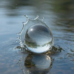 glass ball splashing into water, photograph