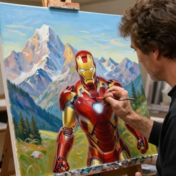 a closeup photorealistic photograph of bob ross at his studio working on a canvas painting of iron man. mountain scape. film still, vibrant colors. this 4 k hd image is trending on artstation, featured on behance, well - rendered, extra crisp, features intricate detail, epic composition and the style of unreal engine.