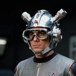 geordi la forge on the starship enterprise wearing chrome googie visor and hardware parts on his head, mid - century modern design, jetsons, single image, photograph