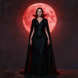Full body photo of the beautiful woman Gal Gadot a vampire, she is quiet, she has a black cape, there is a red glow coming from her, she is getting ulluminated by the red full moon, the photo was taking by Annie Leibovitz, matte painting, oil painting, naturalism, 4k, 8k