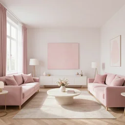 a beautiful, calm and cozy interior design, pink and white color scheme, photorealist, panorama view, 4 k