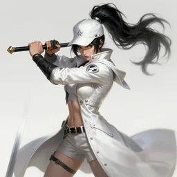 a highly detailed illustration of fierce amazon messy ponytail black haired one armed delinquent japanese woman wearing white cap wearing long white jacket with cape, dramatic wielding sword pose, muscular, intricate, elegant, highly detailed, centered, digital painting, artstation, concept art, smooth, sharp focus, league of legends concept art, wlop.