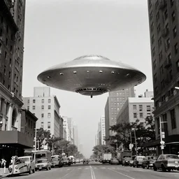 photograph of a large flying saucer hovering over a new york city street in 1 9 3 2