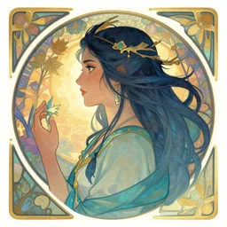 side profile centered painted portrait, Maya Ali as a wind sorcerer, D&D, cell-shaded, matte painting concept art, bright backlit, official fanart, 4k, art nouveau, HDR, Mucha style, Trending on artstation, Behance, Pinterest, by Jesper Ejsing and RHADS and Makoto Shinkai and Lois van baarle and ilya kuvshinov and rossdraws and Cushart Krentz and Gilleard James
