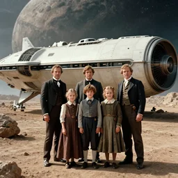 sharp, highly detailed, 9216k film, 17500mm film still from a sci fi blockbuster color movie made in 2019, set in 1860, of a family standing in front of their spaceship, on an alien planet, the family are all wearing 1860s era clothes, good lighting, in focus, 35mm f/1.4L lens