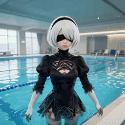 Screenshot from Nier Automata at an indoor swimming pool