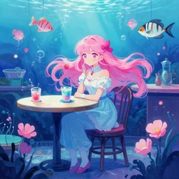 magical girl in an underwater cafe. complementary colors, gouache, indie concept art, bloom, chiaroscuro, backlighting, intricate details.