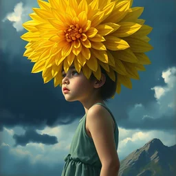 closeup girl with giant yellow dahlia flower as head, standing on mountain, surreal photography, blue storm clouds, dramatic light, impressionist painting, digital painting, artstation, simon stalenhag