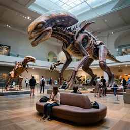 wide - shot photo of museum visitors looking at alien eldritch giant extinct creatures by shaun tan, at the sitting couch, codachrome, 8 k, hd, highly detailed,