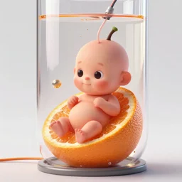 an oompa loompa fetus growing in a giant orange bubbling test tube with wires hooked up, octane render, caustics, 4 k, trending on artstation, cute, realistic, vibrant