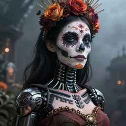 beautiful female android!, intricate detailed environment, moody portrait, fog, global illumination, cinematic, ( el dia los muertos ), smooth, blade runner, photorealism, hd, 8 k, beautiful, cinematic, art by moebius and rutkowski and artgerm and mucha and loish and wlop
