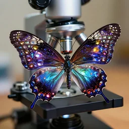 dark butterfly, electron microscope, focus, bright and colorful, bedecked with jewels
