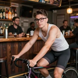 a small man wearing glasses & cycling shorts in a gay bar