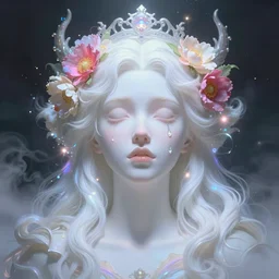 a colorful and vibrant majestic open wide eyes white queen drops a tearwith flowers on her hair, glowing light orbs, intricate concept art, elegant, digital painting, smooth, sharp focus, ethereal opalescent mist, outrun, vaporware, cyberpunk darksynth, ethereal, ominous, misty, by charlie bowater, 8 k, rendered in octane