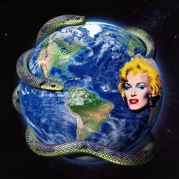 snake wrapped around the earth, gerald brom and andy warhol, cosmic horror