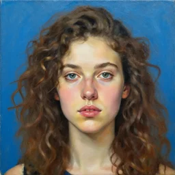 three quarter close up portrait painting of a young caucasian woman with curly hair, blue background, by kehinde wiley