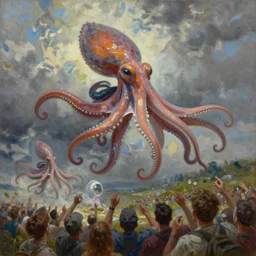 flying cephalopods racing towards a crowd of excited humans, race theme future oil on canvas