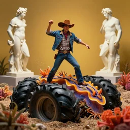 a cowboy turning into blooms by slim aarons, by zhang kechun, by lynda benglis. tropical sea slugs, angular sharp tractor tires. complementary bold colors. warm soft volumetric dramatic light. national geographic. 8 k, rendered in octane. angular sculpture by antonio canova by gian lorenzo bernini.