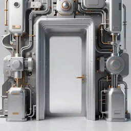 a rectangular doorway surrounded by complex machinery is a portal to another dimension. in the style of john berkey. trending on artstation and deviantart. digital art.