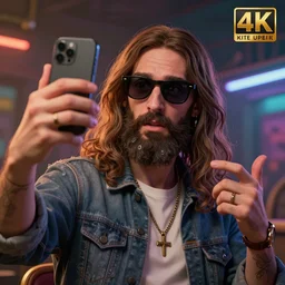 hipster jesus taking a derp selfie, realistic artstyle, trending on artstation, macro, intricate, vibrant, digital art, full portrait, hd, cinematic, ultra detailed, illustration, concept art, cinematic background, octane render, unreal engine 5, 8 k, 4 k