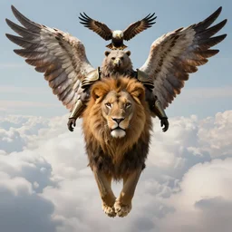 full body portrait angelic warrior hovering above the clouds with the head of a lion, head of a bear, head of an eagle and 6 wings, detailed render, 8 k, digital art