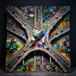 a beautiful sculpture by louise nevelson of a complex highway intersection, color bleeding, pixel sorting, brushstrokes by jeremy mann, dark lighting, square shapes by robert proch