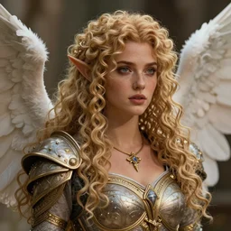 complex 3 d hyper realistic smooth ultra sharp render of an angelic gorgeous high elf princess paladin woman | tanned skin, curly dirty blonde hair, freckles | d & d, medieval, fantasy | breathtaking, divine, serene, heavenly | intricate, 4 k, hd, insanely detailed | art by oh jinwook + 吵 集 仁 儿 on artstaion + takeshi obata + alphonse mucha