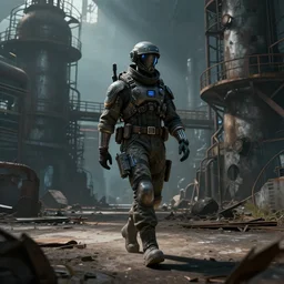 Futuristic matte painting of a cyberpunk soldier walking through an abandoned foundry, volumetric light scattering, highly detailed, 2D, digital art, Andreas Rocha, Darek Zabrocki, ArtStation, CGSociety, Unreal Engine, 4K, 8K