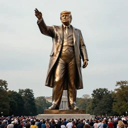 a gigantic 1 0 0 0 foot tall bronze statue of a president donald trump, thousands of tiny onlookers, photorealistic, atmospheric