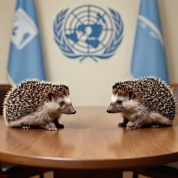 two hedgehogs sitting at a round table, a peace treaty sits in the middle of the table, historic photo, united nations