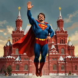 epic comic book cover of stalin as superman floating over the red square ( moscow ), posing, waving, ostalgie, socialist realism, soviet nostalgia, sovietwave, photorealistic, intricate digital art, trending artstation, artgem, rich moody colors, fan art, concept art, in the style of the red son, by cory walker and ryan ottley