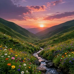 matte painting of sunrise at the end of a verdant flower valley. A rocky stream runs along the valley floor. Beautiful swirling sunrise colours. Cyril Roland naomi okubo.