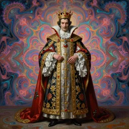 beautiful oil painting, full length portrait of vampire in baroque coronation robes 1701, Dan Mumford, Dan Mumford, Alex grey, hyacinthe rigaurd, highly detailed , lsd visuals, dmt fractal patterns, visionary art, psychedelic art, ornate, vaporwave, baroque, Greg rutkowski
