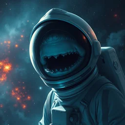 digital painting, human with a head shark astronaut without helmet in a space, 8 k, studio lighting, supernova explosion,