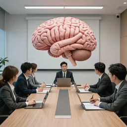 meeting going inside a meeting room looking like a brain