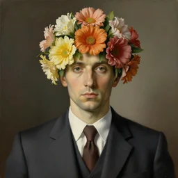 portrait of man in a suit that has flowers hiding his head by rene magritte, detailed painting, hd, hq, high resolution, high detail, 4 k, 8 k