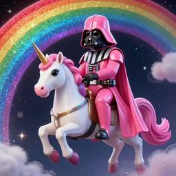 beautiful matte painting, rainbow colored pink pink darth vader costume wearing pink wearing pink, riding a unicorn, riding a unicorn, riding a unicorn over a glittering rainbow in space by lisa frank and dan mumford, octane render, HDR, vivid color, volumetric lighting, unreal engine, concept art, CGsociety, trending on artstation