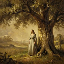 court of Deborah under tree, cinematic, establishing shot, extremely high detail, shining, photo realistic, cinematic lighting, intricate line drawings, 8k resolution, oil painting on canvas