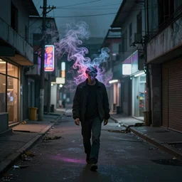 thin tendrils of colored smoke whip and swirl around him as he walks down the lonely street of abandoned neon - lit storefronts