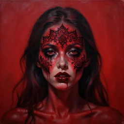 dramatic red matte portrait painting of woman with black mandelbrot fractal instead of face, horror, body horror, dark art, 4 k, detailed, realistic, psychotic, insane, crazy, mental illness, dramatic,