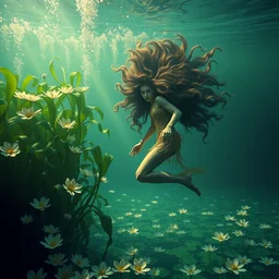 a beautiful effervescent lake with lillies, an underwater goddess climbs the sea kelp to reach the surface, she wears a swimming gold costume, her hair is massive, by edward hopper, klimt gothic, where the wild things are, made in hyperrealistic 3 d, dark green colours