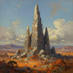 jagged stone spire in scorched shrublands, extremely detailed oil painting, unreal 5 render, rhads, sargent and leyendecker, savrasov levitan polenov, bruce pennington, studio ghibli, tim hildebrandt, digital art, landscape painting, octane render, beautiful composition, trending on artstation, award winning photograph, masterpiece