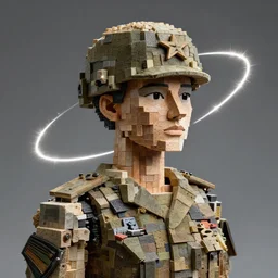 a perfect military portrait photograph of drawing of a woman constructed of a series of cuboids, mixed material and orbited by dazzling sharp ellipses of razorlike light. perfect studio lighting.