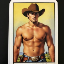 a beautiful dramatic tarot card of a shirtless gorgeous cowboy. he has a thick build dadbod. homoerotic, art deco, art nouveau. by mark maggiori, by bill ward, by greg rutkowski. trending on artstation