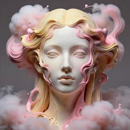 intricate female face with blond and pink liquid fluid carbon god. abstract sculpture. art noveau clouds