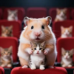photo of a hamster, holding paws with a kitten, in a cinema, various poses, unedited, soft light, sharp focus, 8 k