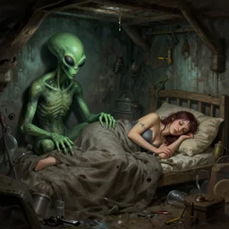 a damp hoarders basement where a scary looking alien and a women sleep, in the style of Boris Vallejo